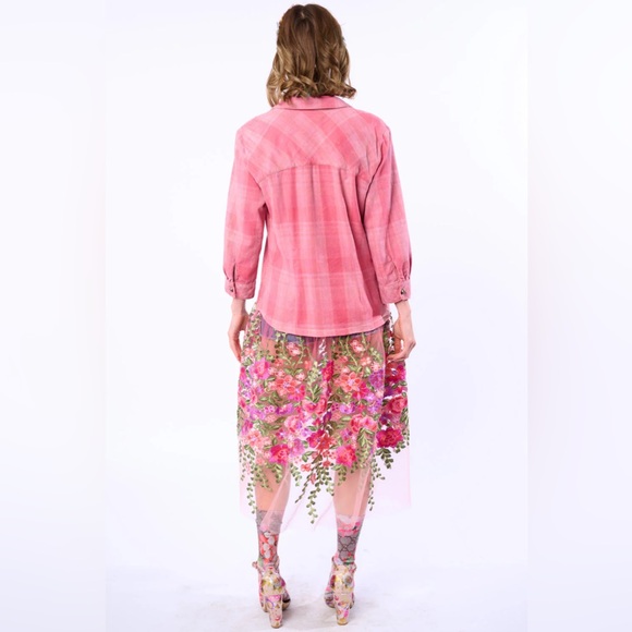 Aratta Pink Floral Embroidered Love Shirt Dress Crystal Button Boho Statement - Picture 2 of 14